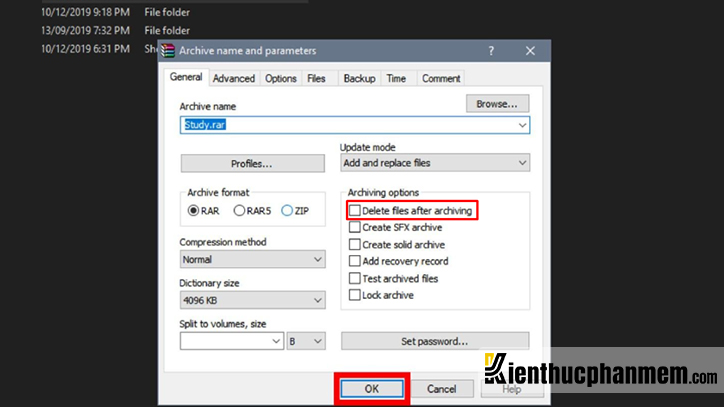 Tick chọn mục Delete files after archiving rồi click vào OK tại cửa sổ WinRAR