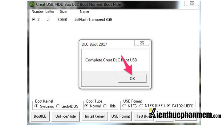 Sau khi tạo xong, màn hình DLC Boot sẽ hiển thị thông báo Complete create DLC Boot USB