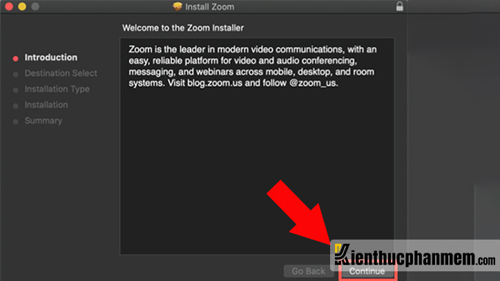 Tại màn hình Welcome to Zoom Installer bạn nhấn Continue
