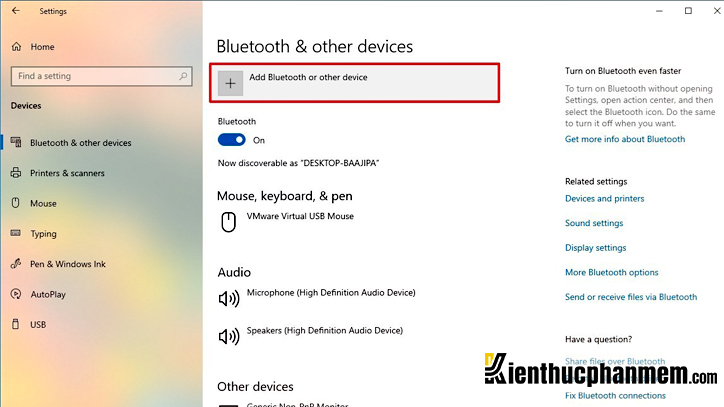 Chọn tiếp Add Bluetooth or other device tại Settings Win 10