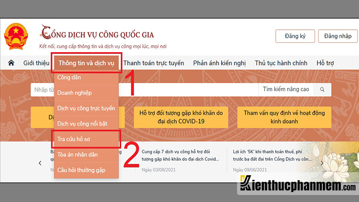 Click vào Thông tin và dịch vụ > Tra cứu hồ sơ trên Cổng dịch vụ công