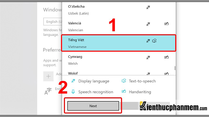 Tìm và click vào ngôn ngữ Tiếng Việt trong Settings Win 10