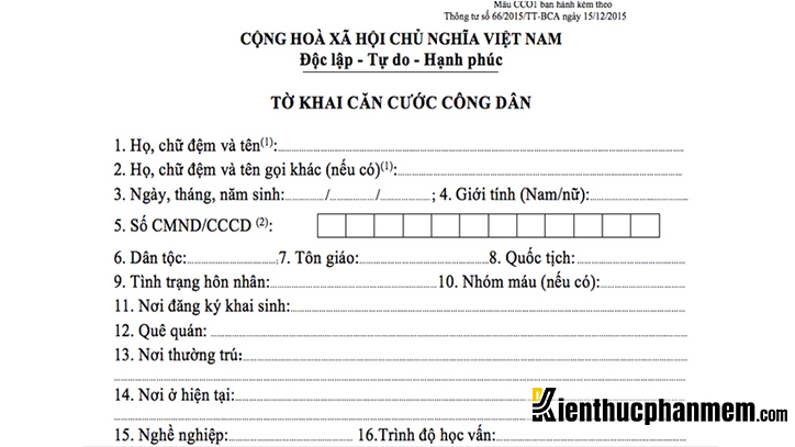 Tờ khai thông tin khi làm căn cước công dân gắn chip
