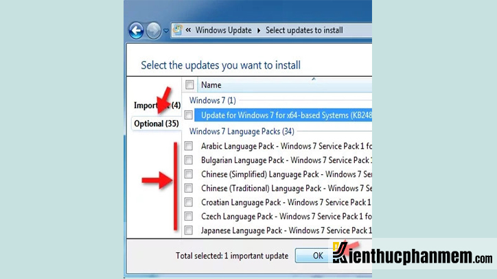 Tìm kiếm ngôn ngữ trong danh sách Windows 7 Language Packs