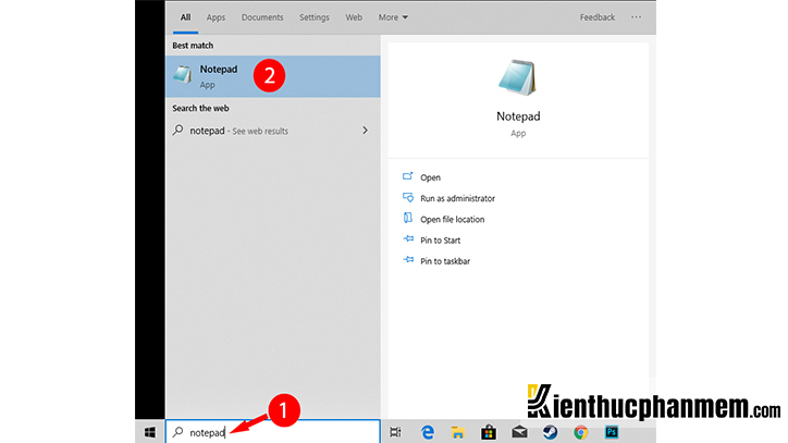 Mở phần mềm Notepad vì chưng dụng cụ dò xét tìm kiếm của Windows