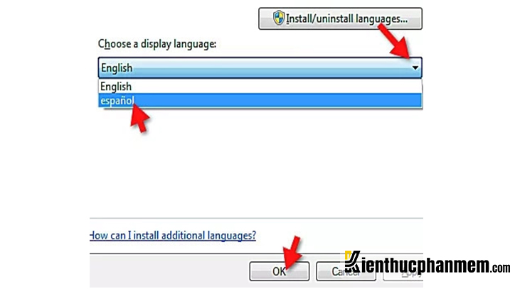 Click vào menu thả xuống và chọn gói ngôn ngữ vừa cài đặt trong Windows 7