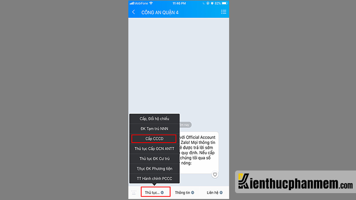 Nhấn vào tab Thủ tục hành chính rồi chọn mục “Cấp CCCD” trên Zalo