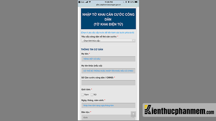 Điền đầy đủ thông tin vào những ô có dấu * tại trang Tờ khai CCCD điện tử