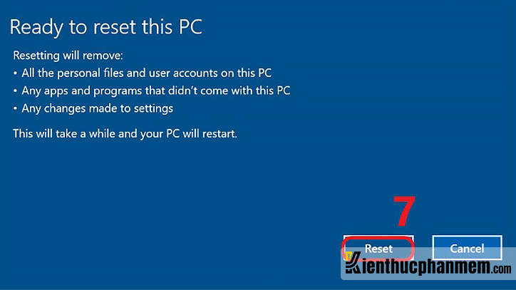 Nhấn nút Reset Windows 10