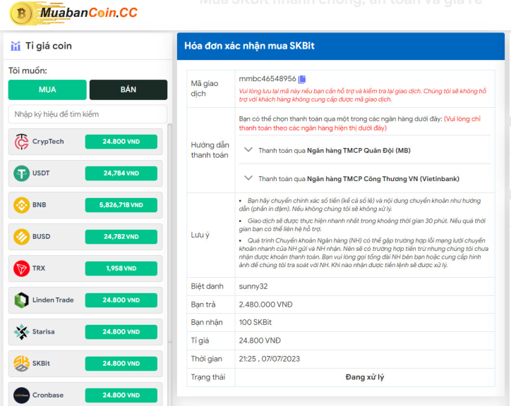 Hướng dẫn mua Skbit cực nhanh chóng tại sàn muabancoin.cc